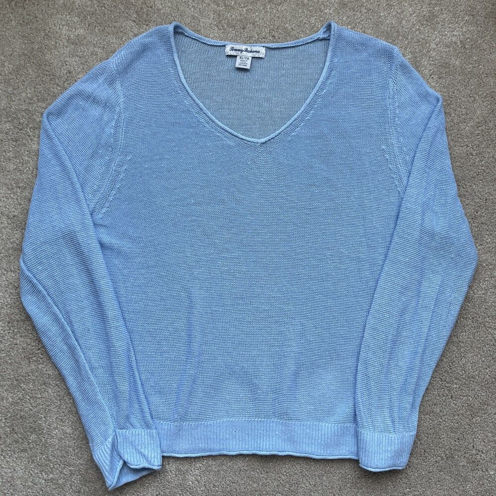 Tommy Bahama Linen Sweater Womens XL Blue Open Knit Beach Casual Layer Vacation
